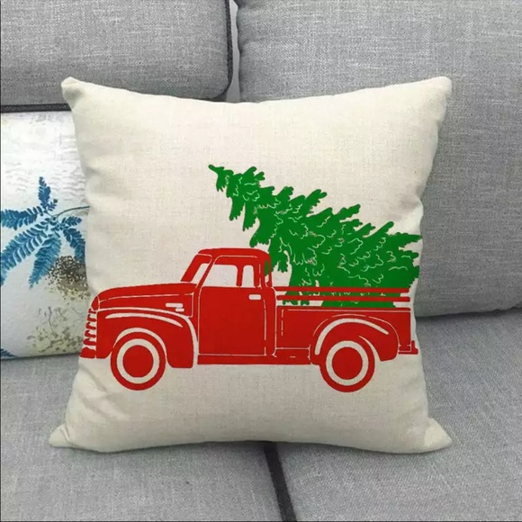 Decorative Pillowcase Burlap Tan Red Green Merry Christmas Holiday Truck Tree - Picture 1 of 6